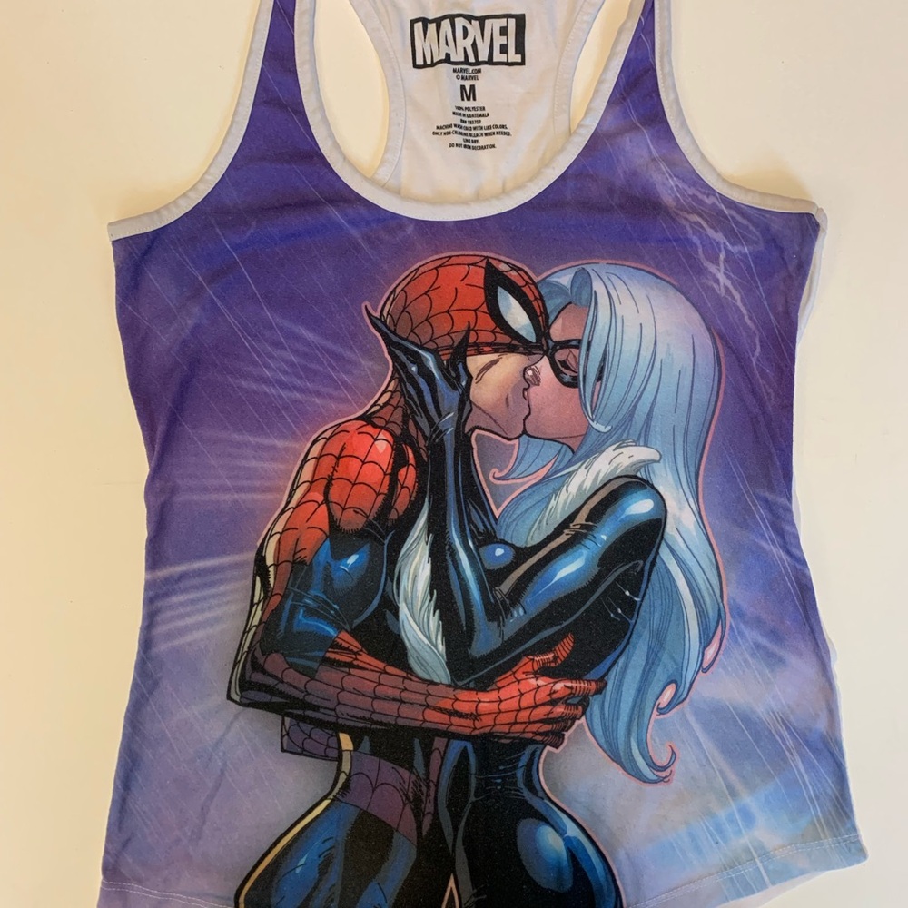 Marvel Spider-Man and Black Cat Kiss Tank Top - Red, Blue, Black